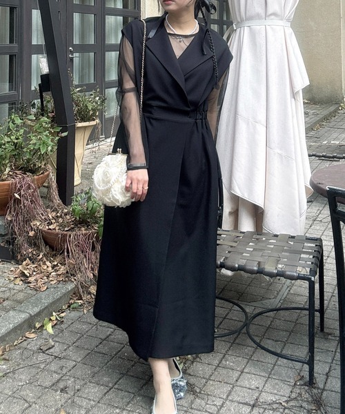 AS KNOW AS plus(アズノゥアズプラス)の「〇2点セットアイテム シアーインナー ロングジレ風ワンピース /オケージョン対応(ドレス)(ワンピース・レディース・グレイッシュベージュ/ブラック・FREE)」の1枚目の写真