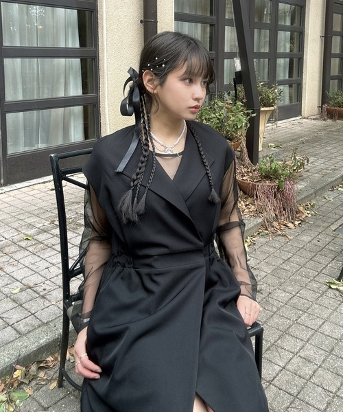 AS KNOW AS plus(アズノゥアズプラス)の「〇2点セットアイテム シアーインナー ロングジレ風ワンピース /オケージョン対応(ドレス)(ワンピース・レディース・グレイッシュベージュ/ブラック・FREE)」の4枚目の写真