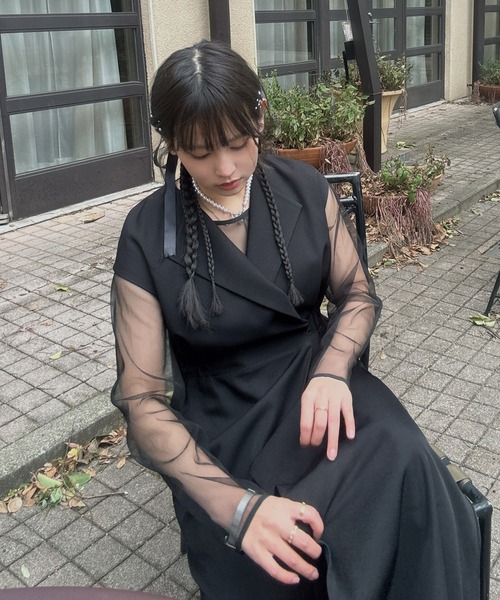 AS KNOW AS plus(アズノゥアズプラス)の「〇2点セットアイテム シアーインナー ロングジレ風ワンピース /オケージョン対応(ドレス)(ワンピース・レディース・グレイッシュベージュ/ブラック・FREE)」の7枚目の写真