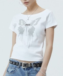 『mahagrid/マハグリッド』BUTTERFLY GOTH WIDE NECK CROP TEE/バタフライ ゴワイドネック クロップ Tシャツ