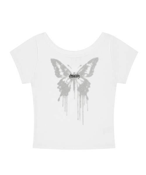 MAHAGRID（マハグリッド）の「『mahagrid/マハグリッド』BUTTERFLY GOTH WIDE NECK CROP TEE/バタフライ ゴワイドネック クロップ Tシャツ（Tシャツ/カットソー・レディース・ホワイト/チャコールグレー・FREE）」の5枚目の写真