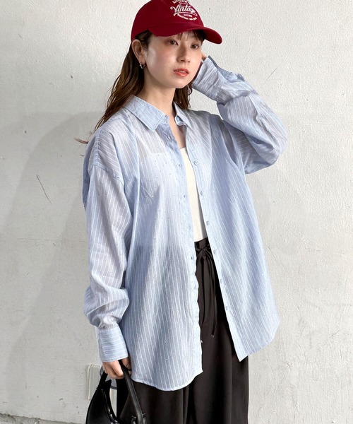 tiptop(ティップトップ)の「ストーン付きシアーシャツ(シャツ/ブラウス・レディース・チャコールグレー/ブルー系その他/オフホワイト・FREE)」の4枚目の写真