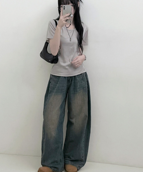 VIVID LADY(ビビッドレディー)の「Uネック 半袖Tシャツ(Tシャツ/カットソー・レディース・ネイビー/ベージュ/カーキ/ブラック/アイボリー/グレー・FREE)」の18枚目の写真