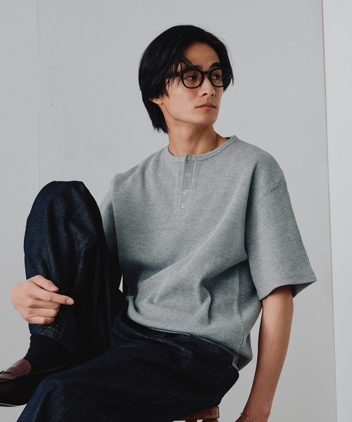 Adoon plain(アドーンプレーン)の「Snap Button Thermal Henry Neck T / スナップボタンサーマルヘンリーネックT(Tシャツ/カットソー・メンズ・ブラック/ライトグレー/レッド・LARGE/MEDIUM)」の8枚目の写真