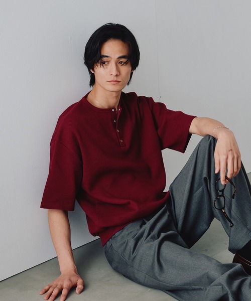 h.naoto dark red rum トップス　カットソー Snap Button Thermal Henry Neck T / スナップボタンサーマルヘンリー