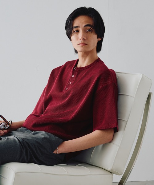 h.naoto dark red rum トップス　カットソー Snap Button Thermal Henry Neck T / スナップボタンサーマルヘンリー