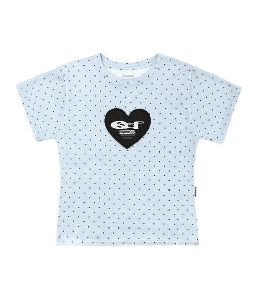 ESCAPEFROM(エスケープフロム)の「ハート ESCF ロゴ コラージュ アプリケ ドット スリムフィット 半袖Tシャツ ライトブルー(Tシャツ/カットソー・レディース・その他・MEDIUM)」の2枚目の写真