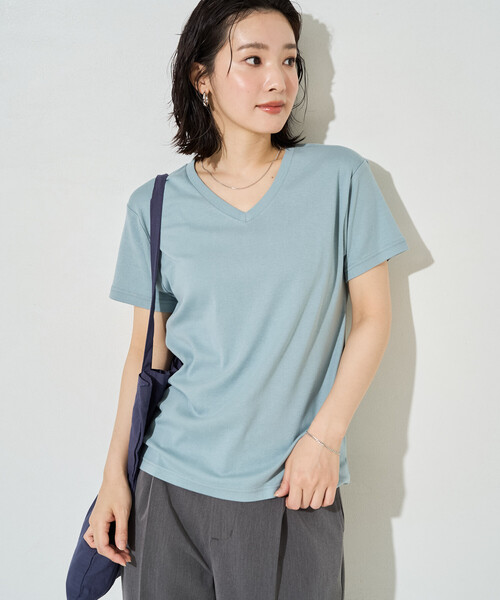FREAK'S STORE(フリークスストア)の「限定展開 <抗菌防臭・接触冷感>MINT(ミント) Vネック 半袖 Tシャツ(Tシャツ/カットソー・レディース・ピンク/ブラウン/オレンジ/サックスブルー/オリーブ/ブラック/オフホワイト・LARGE/MEDIUM/SMALL)」の5枚目の写真