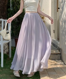 プリーツ チュール シフォン スカート Aライン フレア ロングスカート