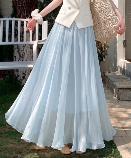 AMAJI(アマジ)の「プリーツ チュール シフォン スカート Aライン フレア ロングスカート(スカート・レディース・ベージュ/ライトパープル/ライトピンク/ライトブルー/ブラック/ホワイト/ライトブラウン・MEDIUM/SMALL/X-LARGE/LARGE)」の12枚目の写真