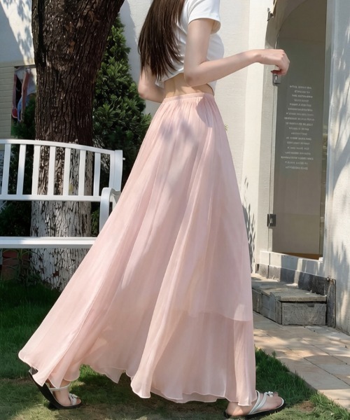 AMAJI(アマジ)の「プリーツ チュール シフォン スカート Aライン フレア ロングスカート(スカート・レディース・ベージュ/ライトパープル/ライトピンク/ライトブルー/ブラック/ホワイト/ライトブラウン・MEDIUM/SMALL/X-LARGE/LARGE)」の14枚目の写真