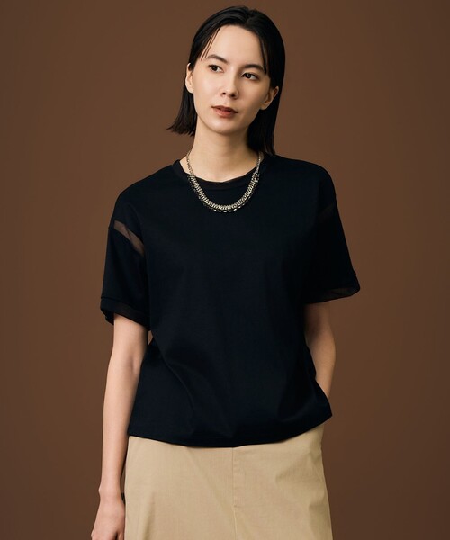 自由区(ジユウク)の「ナチュラルコットンハイゲージシアーアクセント Tシャツ(Tシャツ/カットソー・レディース・アイボリー系/ブラック系/ブラウン系・38/40)」の2枚目の写真