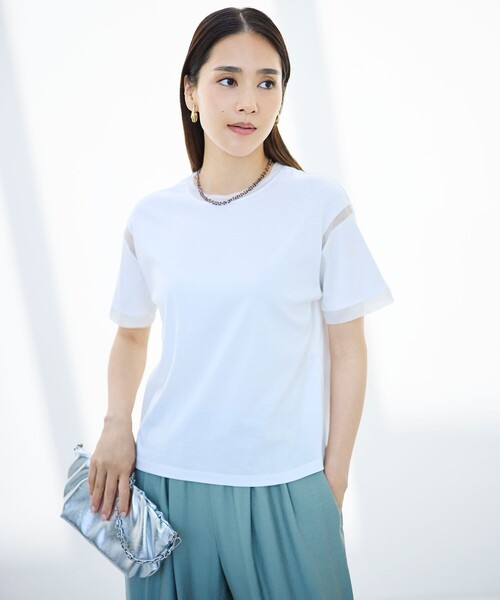 自由区(ジユウク)の「ナチュラルコットンハイゲージシアーアクセント Tシャツ(Tシャツ/カットソー・レディース・アイボリー系/ブラック系/ブラウン系・38/40)」の4枚目の写真