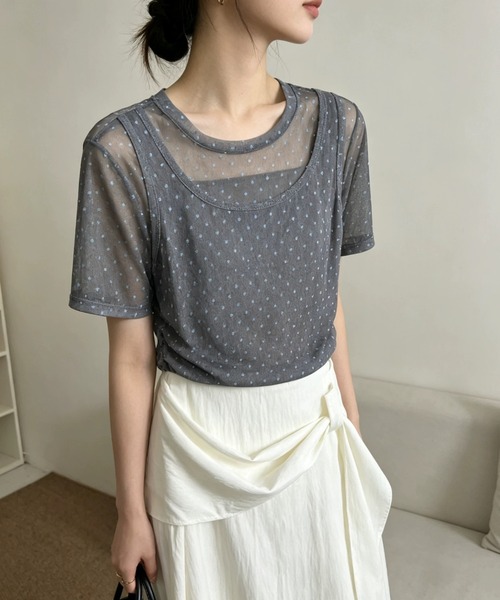 CHUN CHUN NOTES(チュンチュンノーツ)の「26SS/シアードットレイヤード風半袖トップス(Tシャツ/カットソー・レディース・ネイビー/ブラウン/グレー・F)」の1枚目の写真
