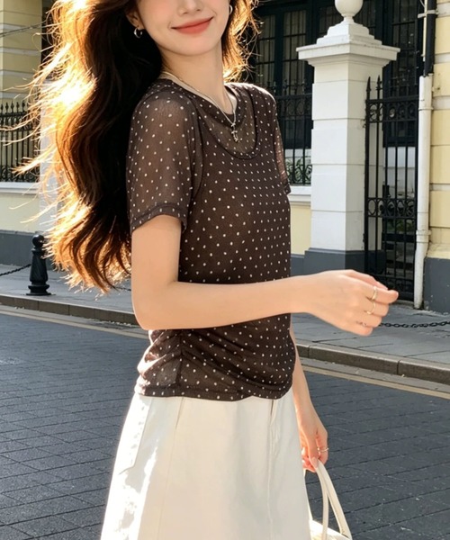 CHUN CHUN NOTES(チュンチュンノーツ)の「26SS/シアードットレイヤード風半袖トップス(Tシャツ/カットソー・レディース・ネイビー/ブラウン/グレー・F)」の4枚目の写真