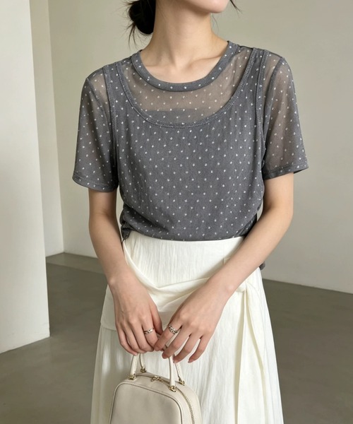 CHUN CHUN NOTES(チュンチュンノーツ)の「26SS/シアードットレイヤード風半袖トップス(Tシャツ/カットソー・レディース・ネイビー/ブラウン/グレー・F)」の5枚目の写真
