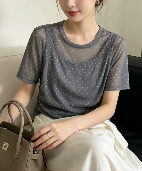 CHUN CHUN NOTES(チュンチュンノーツ)の「26SS/シアードットレイヤード風半袖トップス(Tシャツ/カットソー・レディース・ネイビー/ブラウン/グレー・F)」の6枚目の写真