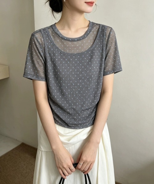 CHUN CHUN NOTES(チュンチュンノーツ)の「26SS/シアードットレイヤード風半袖トップス(Tシャツ/カットソー・レディース・ネイビー/ブラウン/グレー・F)」の7枚目の写真