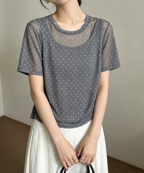 CHUN CHUN NOTES(チュンチュンノーツ)の「26SS/シアードットレイヤード風半袖トップス(Tシャツ/カットソー・レディース・ネイビー/ブラウン/グレー・F)」の8枚目の写真