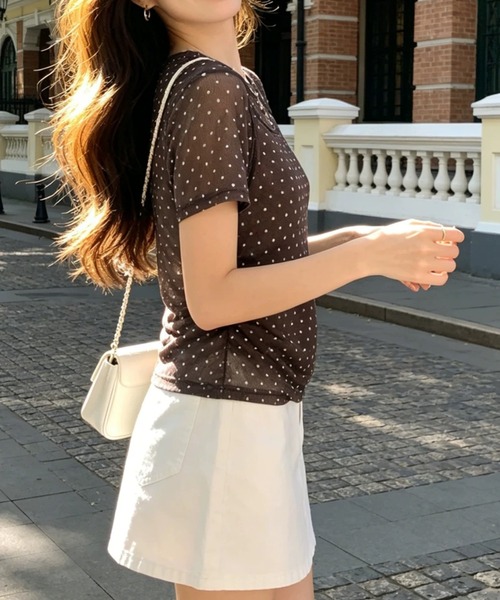 CHUN CHUN NOTES(チュンチュンノーツ)の「26SS/シアードットレイヤード風半袖トップス(Tシャツ/カットソー・レディース・ネイビー/ブラウン/グレー・F)」の10枚目の写真