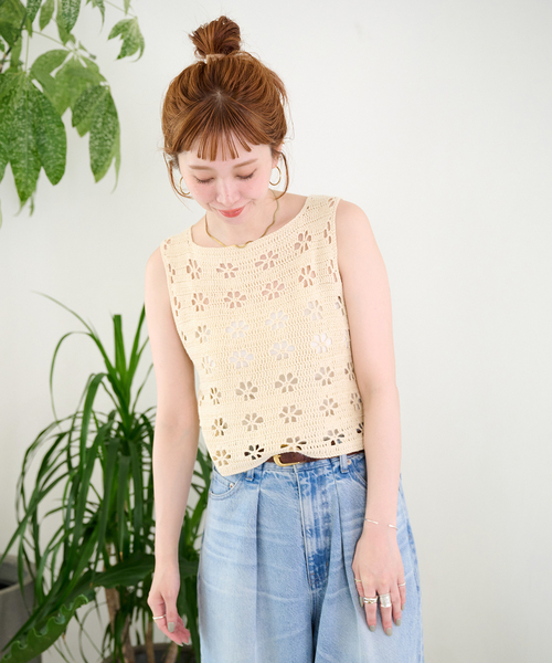 B.C STOCK(ベーセーストック)の「【ZOZO先行販売】手洗い可 / Gleamy / グリーミー クロシェニットタンクトップ(ニット/セーター・レディース・アイボリー/ブラウン/ピンク系その他/ライトグリーン・FREE)」の6枚目の写真