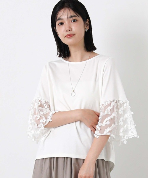 Gready Brilliant(グレディブリリアン)の「異素材ドットチュール7分袖(Tシャツ/カットソー・レディース・オフホワイト/ブラック・38)」の1枚目の写真