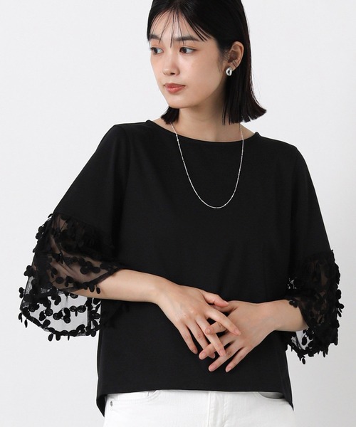 Gready Brilliant(グレディブリリアン)の「異素材ドットチュール7分袖(Tシャツ/カットソー・レディース・オフホワイト/ブラック・38)」の2枚目の写真