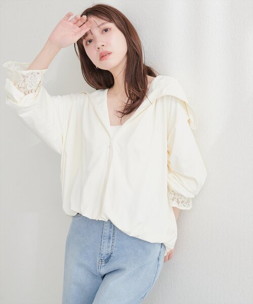 natural couture(ナチュラルクチュール)の「【sherbet line】UV速乾レースデザインパーカー(パーカー・レディース・オフホワイト/サックスブルー/ライトベージュ/チャコールグレー・FREE)」の7枚目の写真