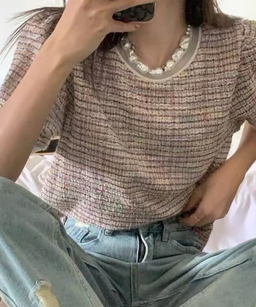 LAFFMO(ラフモ)の「レーストリムサマーツイード半袖トップス(Tシャツ/カットソー・レディース・ピンク/グリーン・F)」の1枚目の写真