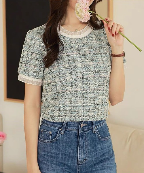 LAFFMO(ラフモ)の「レーストリムサマーツイード半袖トップス(Tシャツ/カットソー・レディース・ピンク/グリーン・F)」の3枚目の写真