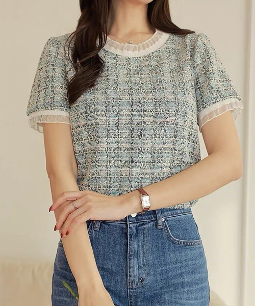 LAFFMO(ラフモ)の「レーストリムサマーツイード半袖トップス(Tシャツ/カットソー・レディース・ピンク/グリーン・F)」の4枚目の写真