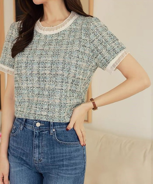 LAFFMO(ラフモ)の「レーストリムサマーツイード半袖トップス(Tシャツ/カットソー・レディース・ピンク/グリーン・F)」の5枚目の写真
