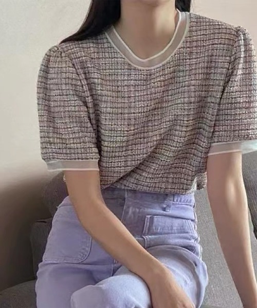 LAFFMO(ラフモ)の「レーストリムサマーツイード半袖トップス(Tシャツ/カットソー・レディース・ピンク/グリーン・F)」の11枚目の写真