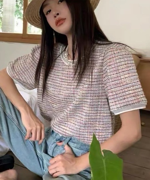 LAFFMO(ラフモ)の「レーストリムサマーツイード半袖トップス(Tシャツ/カットソー・レディース・ピンク/グリーン・F)」の12枚目の写真