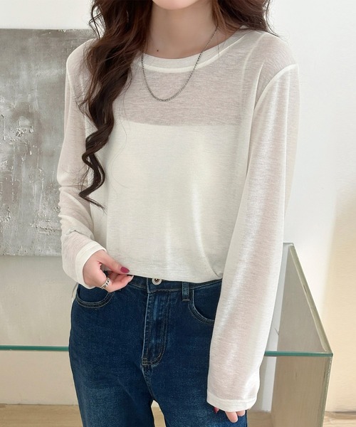 DAY CLOSET(デイ クローゼット)の「長袖 ラウンドネックスラブ調シアーロンT レディース(Tシャツ/カットソー・レディース・杢グレー/ホワイト/ブラック・FREE)」の2枚目の写真