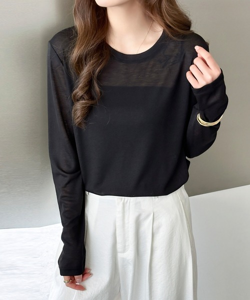 DAY CLOSET(デイ クローゼット)の「長袖 ラウンドネックスラブ調シアーロンT レディース(Tシャツ/カットソー・レディース・杢グレー/ホワイト/ブラック・FREE)」の1枚目の写真