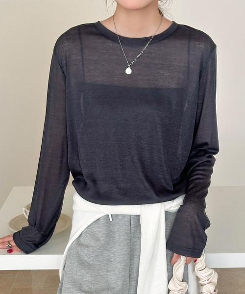 DAY CLOSET(デイ クローゼット)の「長袖 ラウンドネックスラブ調シアーロンT レディース(Tシャツ/カットソー・レディース・杢グレー/ホワイト/ブラック・FREE)」の8枚目の写真