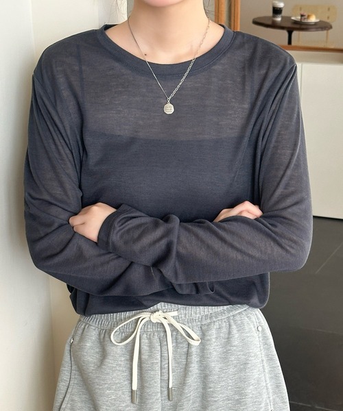 DAY CLOSET(デイ クローゼット)の「長袖 ラウンドネックスラブ調シアーロンT レディース(Tシャツ/カットソー・レディース・杢グレー/ホワイト/ブラック・FREE)」の10枚目の写真