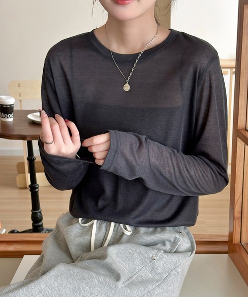 DAY CLOSET(デイ クローゼット)の「長袖 ラウンドネックスラブ調シアーロンT レディース(Tシャツ/カットソー・レディース・杢グレー/ホワイト/ブラック・FREE)」の11枚目の写真