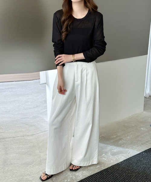 DAY CLOSET(デイ クローゼット)の「長袖 ラウンドネックスラブ調シアーロンT レディース(Tシャツ/カットソー・レディース・杢グレー/ホワイト/ブラック・FREE)」の5枚目の写真