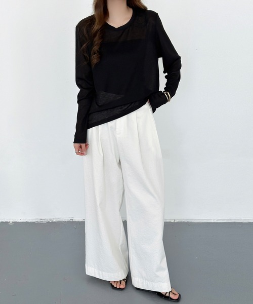DAY CLOSET(デイ クローゼット)の「長袖 ラウンドネックスラブ調シアーロンT レディース(Tシャツ/カットソー・レディース・杢グレー/ホワイト/ブラック・FREE)」の6枚目の写真