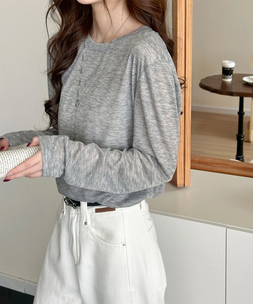 DAY CLOSET(デイ クローゼット)の「長袖 ラウンドネックスラブ調シアーロンT レディース(Tシャツ/カットソー・レディース・杢グレー/ホワイト/ブラック・FREE)」の18枚目の写真