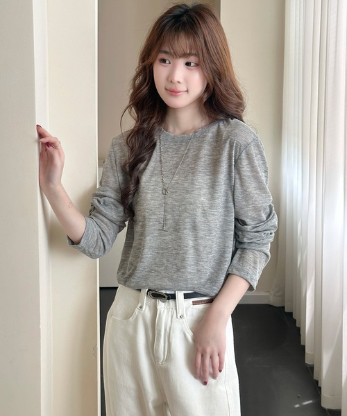DAY CLOSET(デイ クローゼット)の「長袖 ラウンドネックスラブ調シアーロンT レディース(Tシャツ/カットソー・レディース・杢グレー/ホワイト/ブラック・FREE)」の19枚目の写真