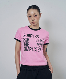 スローガンリンガー半袖Tシャツピンク