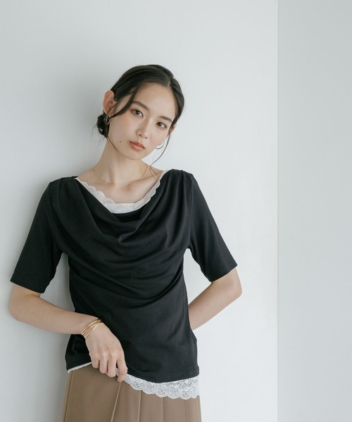 Andemiu(アンデミュウ)の「ドレープカットレースTシャツ/1063333(Tシャツ/カットソー・レディース・ブラック/オフホワイト/ホワイト×ブラック・FREE)」の3枚目の写真