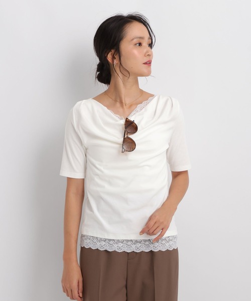 Andemiu(アンデミュウ)の「ドレープカットレースTシャツ/1063333(Tシャツ/カットソー・レディース・ブラック/オフホワイト/ホワイト×ブラック・FREE)」の7枚目の写真