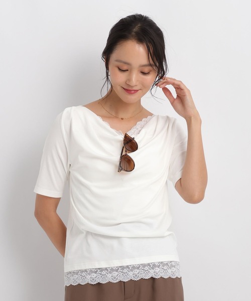 Andemiu(アンデミュウ)の「ドレープカットレースTシャツ/1063333(Tシャツ/カットソー・レディース・ブラック/オフホワイト/ホワイト×ブラック・FREE)」の8枚目の写真