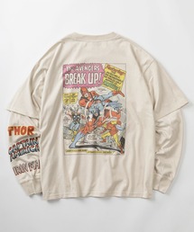 【71】【MARVEL/マーベル】スパイダーマン/アベンジャーズ/バックプリント/袖プリント/クルーネック フェイクレイヤード ロングスリーブ Tシャツ/ピグメント風加工/ロンT/ユニセックス/レディース/メンズ