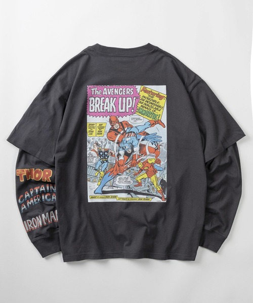 MARVEL(マーベル)の「【71】【MARVEL/マーベル】スパイダーマン/アベンジャーズ/バックプリント/袖プリント/クルーネック フェイクレイヤード ロングスリーブ Tシャツ/ピグメント風加工/ロンT/ユニセックス/レディース/メンズ(Tシャツ/カットソー・メンズ・ブラック/アイボリー/アイボリー系/ブラック系・L/M/XL)」の2枚目の写真