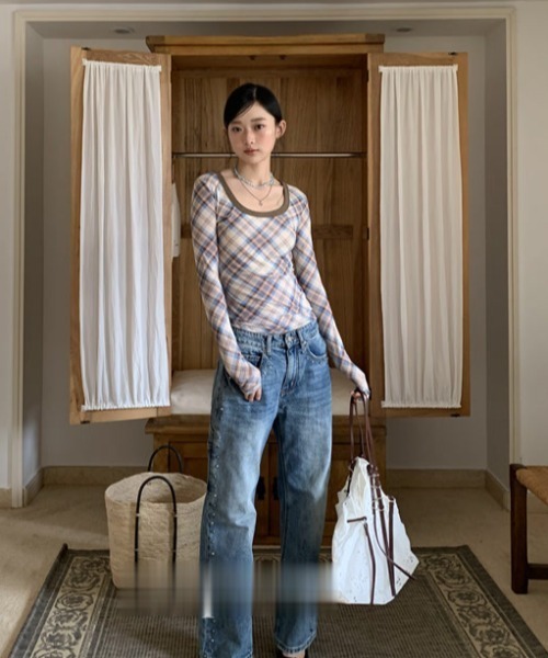 SHEPP(シープ)の「【26年秋冬新作】バイカラー パイピング チェック柄 シアープルオーバー バイカラートップス(Tシャツ/カットソー・レディース・グレー/ピンク・M)」の14枚目の写真